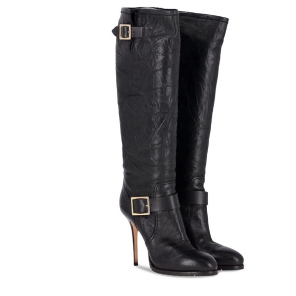 Jimmy Choo “Galen” Knee High Biker Boots In Black Leather Boots